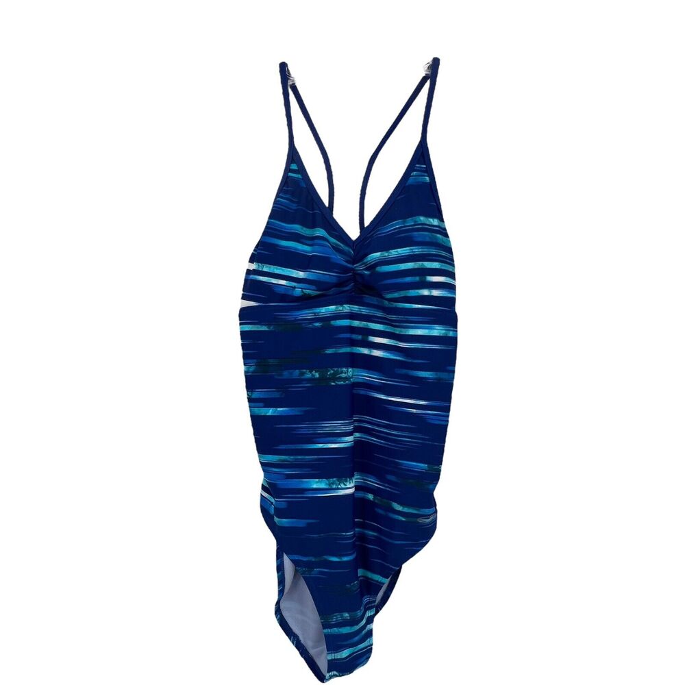 Champion Blue Watercolor Striped One‎ Piece Racerback Conservative Swim Suit Med
